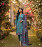 Zarmeen & Emaan Printed Fancy Khaddar 3-Piece Suit – Turquoise Floral with Wool Shawl By Riwayah Clothing