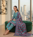 Zarmeen & Emaan Printed Fancy Khaddar 3-Piece Suit – Turquoise Floral with Wool Shawl By Riwayah Clothing