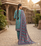 Zarmeen & Emaan Printed Fancy Khaddar 3-Piece Suit – Turquoise Floral with Wool Shawl By Riwayah Clothing