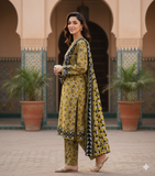 Zarmeen & Emaan Printed Fancy Khaddar 3-Piece Suit – Turquoise Floral with Wool Shawl By Riwayah Clothing