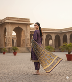 Zarmeen & Emaan Printed Fancy Khaddar 3-Piece Suit – Turquoise Floral with Wool Shawl By Riwayah Clothing