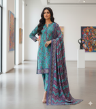 Zarmeen & Emaan Printed Fancy Khaddar 3-Piece Suit – Turquoise Floral with Wool Shawl By Riwayah Clothing